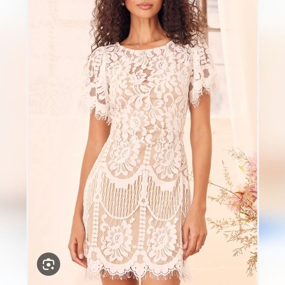 entro Dresses & Skirts - Entro White Beige Lace Short Sleeve Dress Size Small